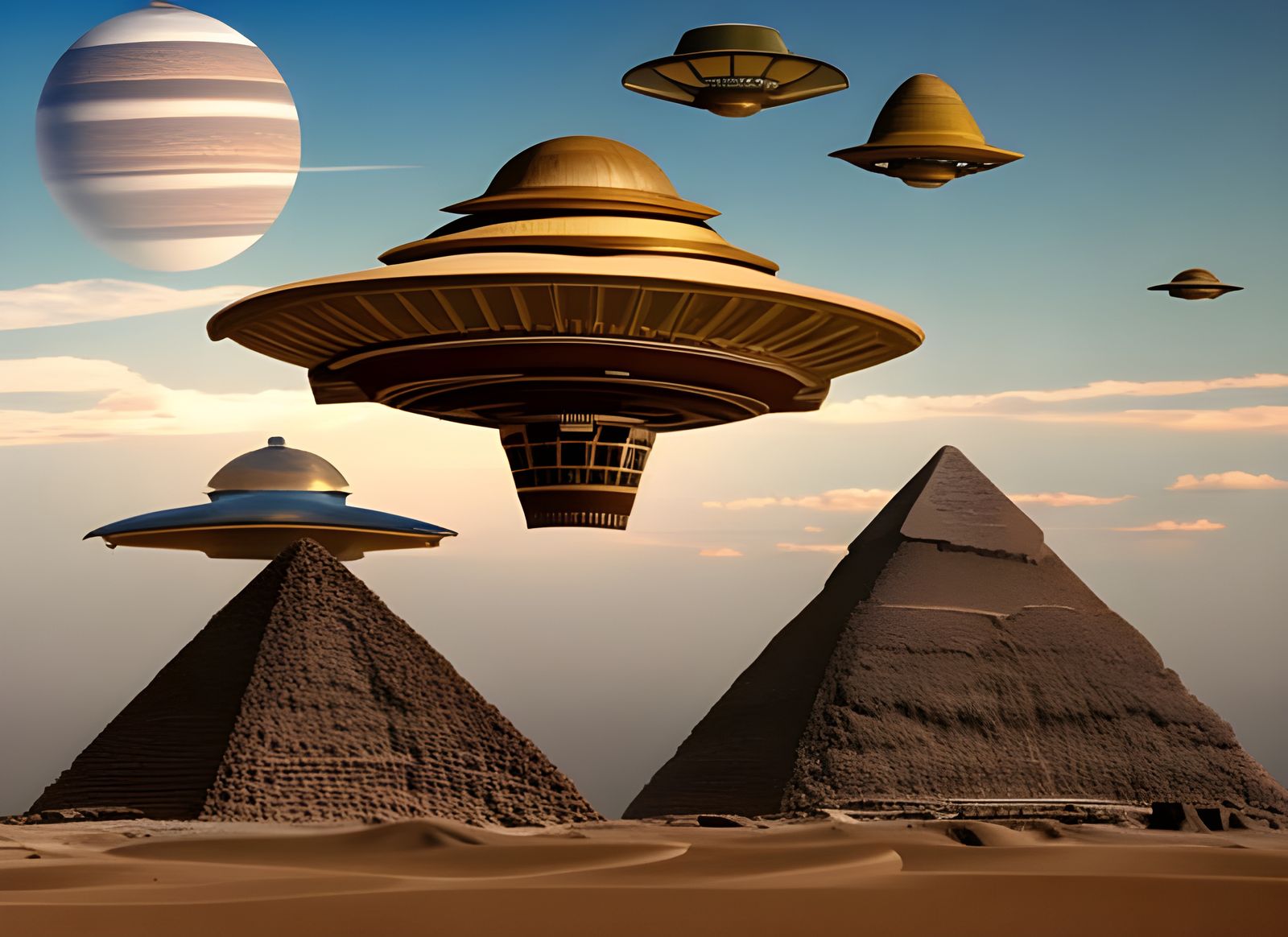 UFOs Over Ancient Egypt in Hyperrealistic Style
