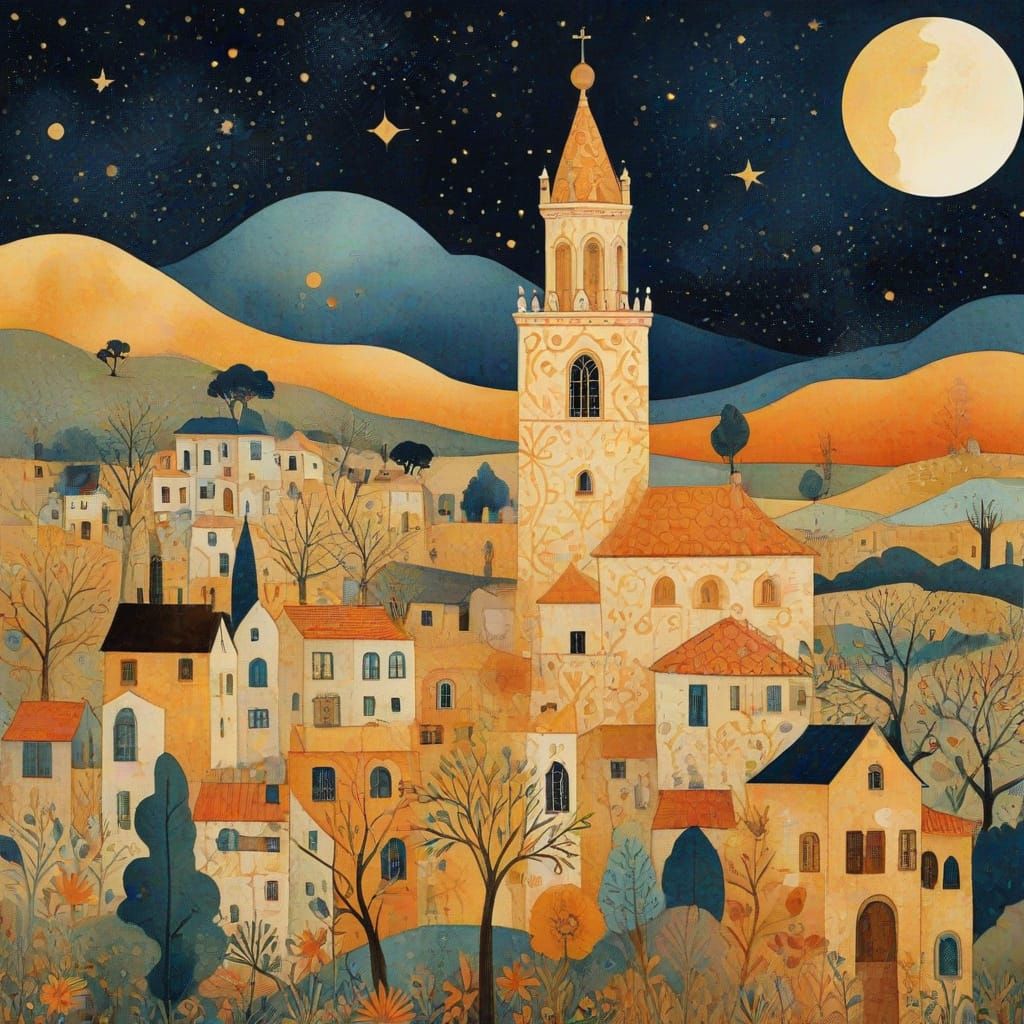 Dreamlike Village Night, Art Nouveau Folk Art