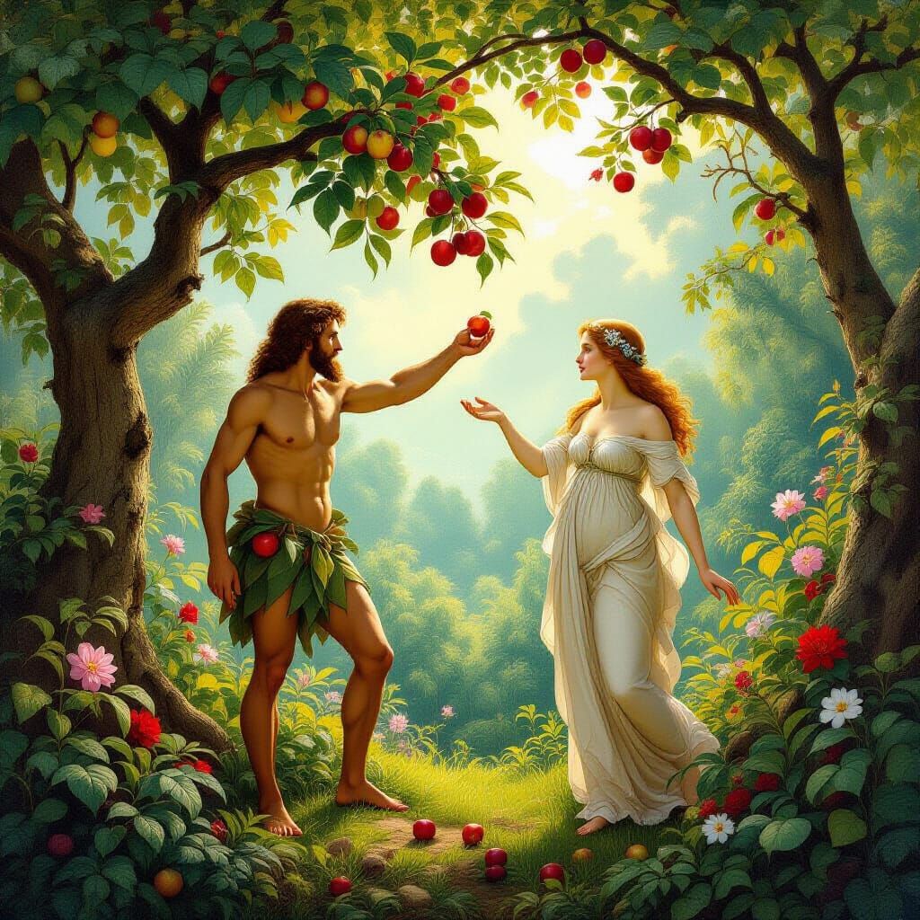 Adam and Eve in Eden, Classical Oil Painting
