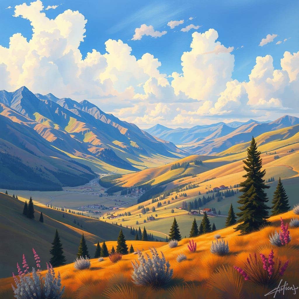 Idaho Landscape Painting with Rolling Hills and Warm Colors