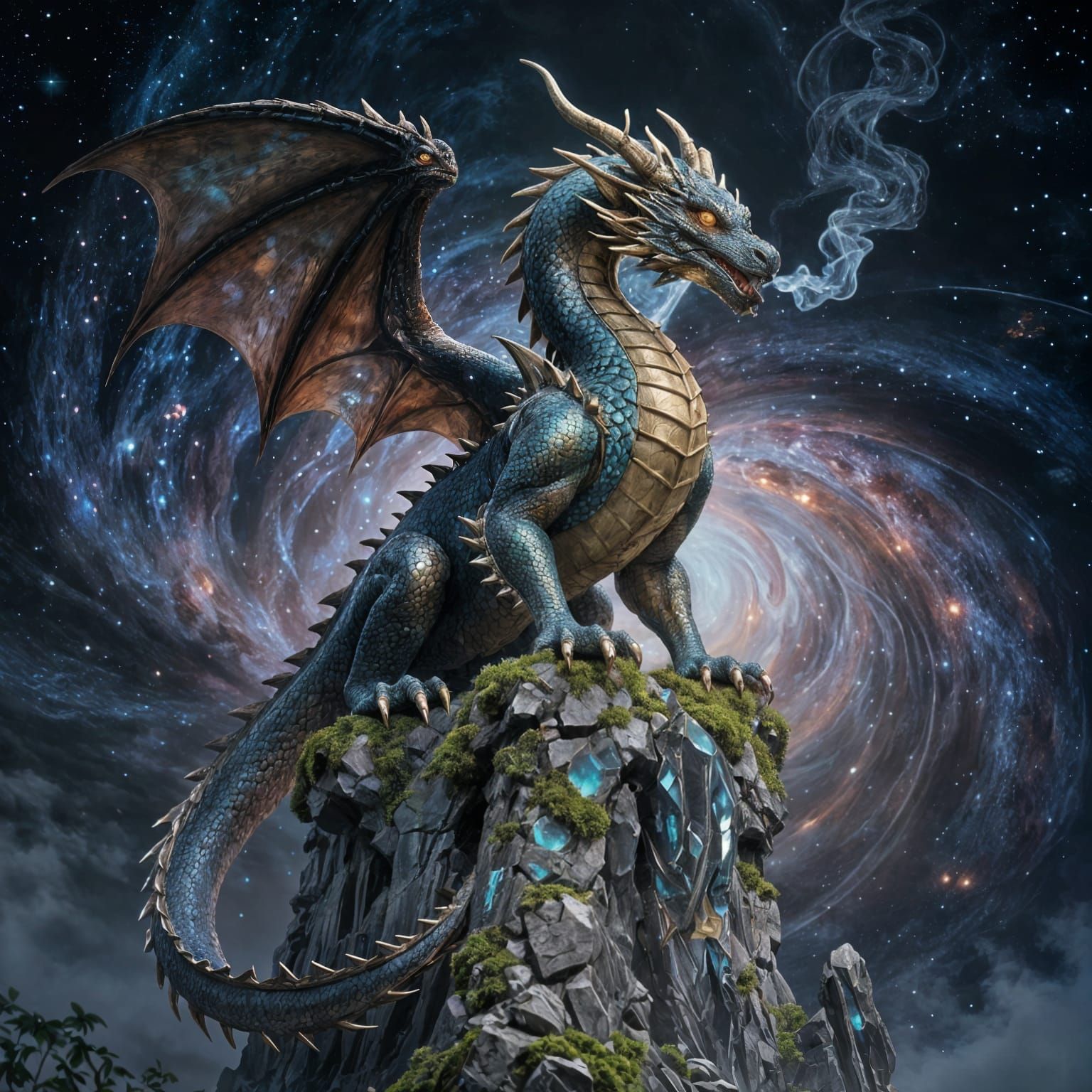Majestic Dragon on Obsidian Tower Amidst Cosmic Vortex