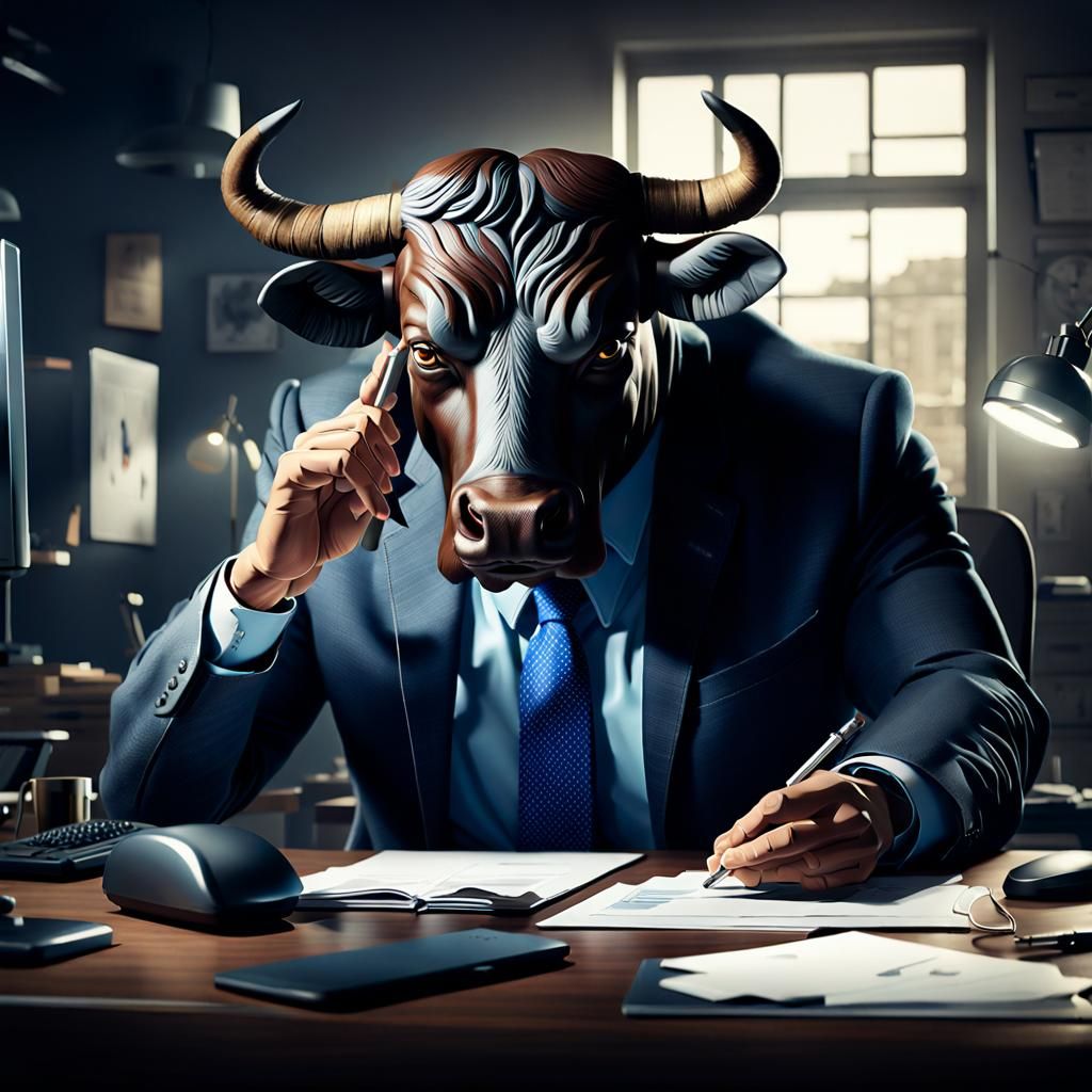 Bull-Headed Executive at Work: Sharp Focus Concept Art