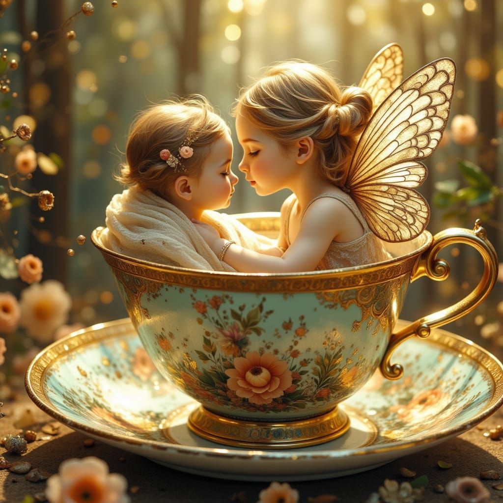 Victorian Teacup with Baby and Fairy, Illustrative Style