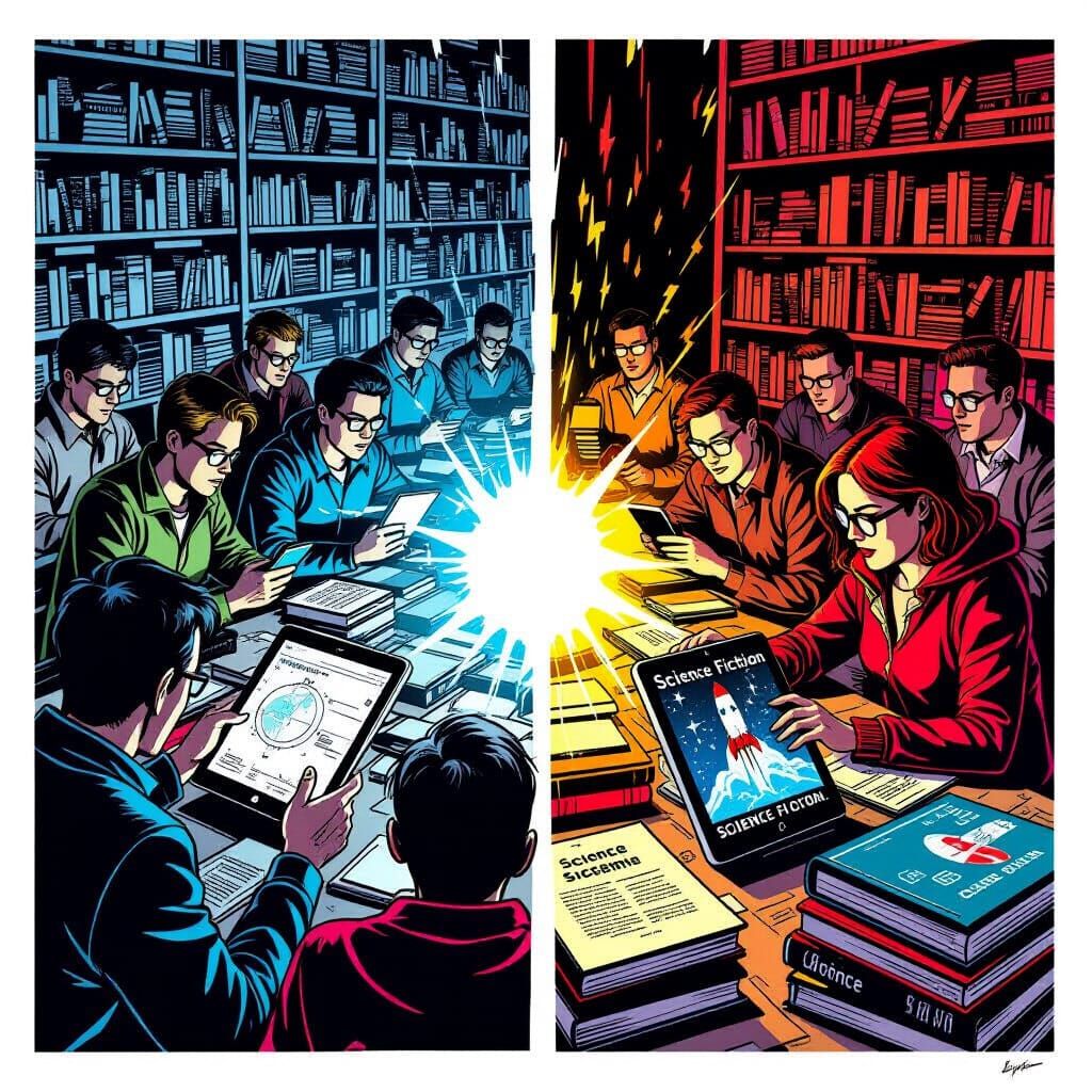 Comic Art: People Engrossed in Screens, Ignoring Books
