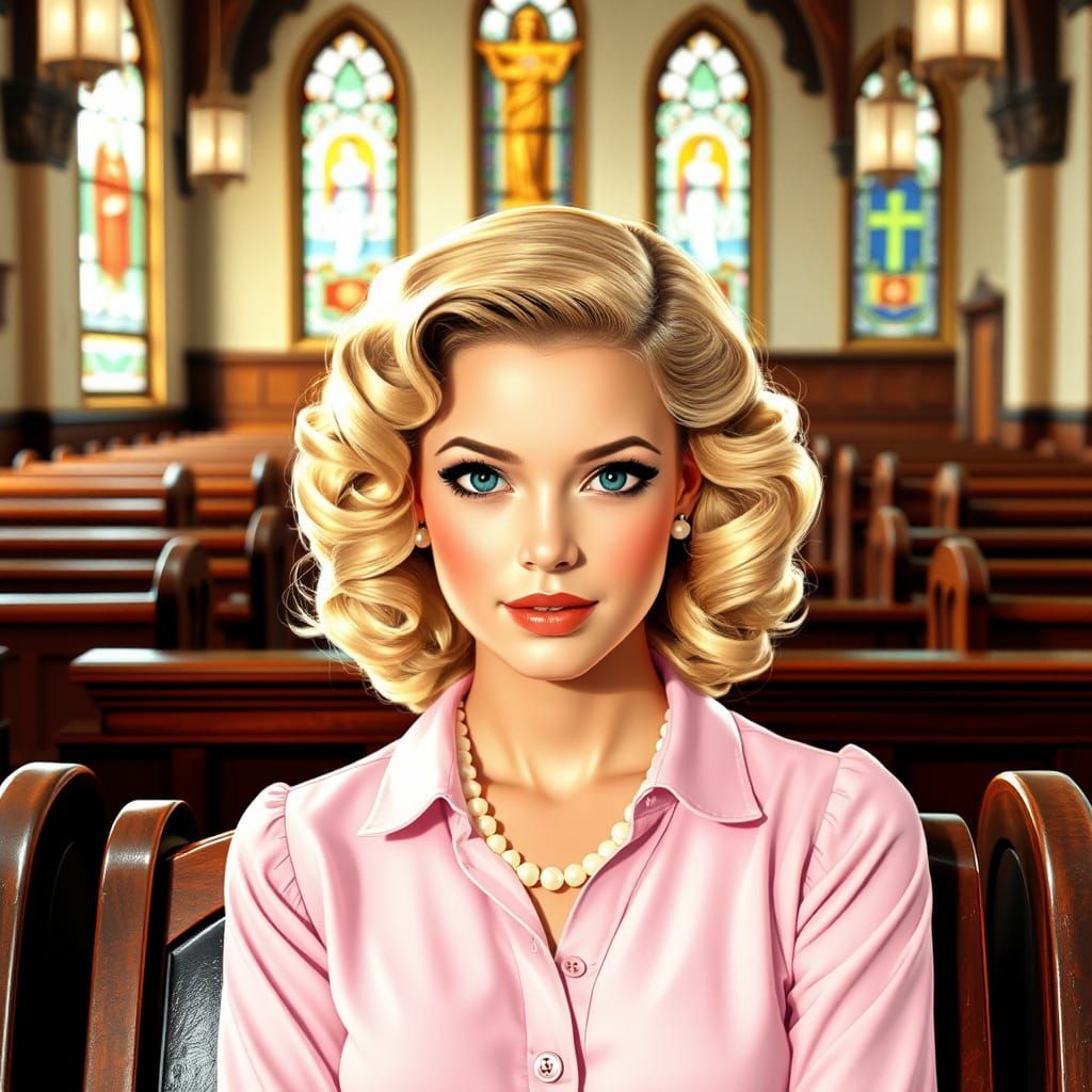 Sorority Girl in Church, Alberto Vargas Pin-Up Style