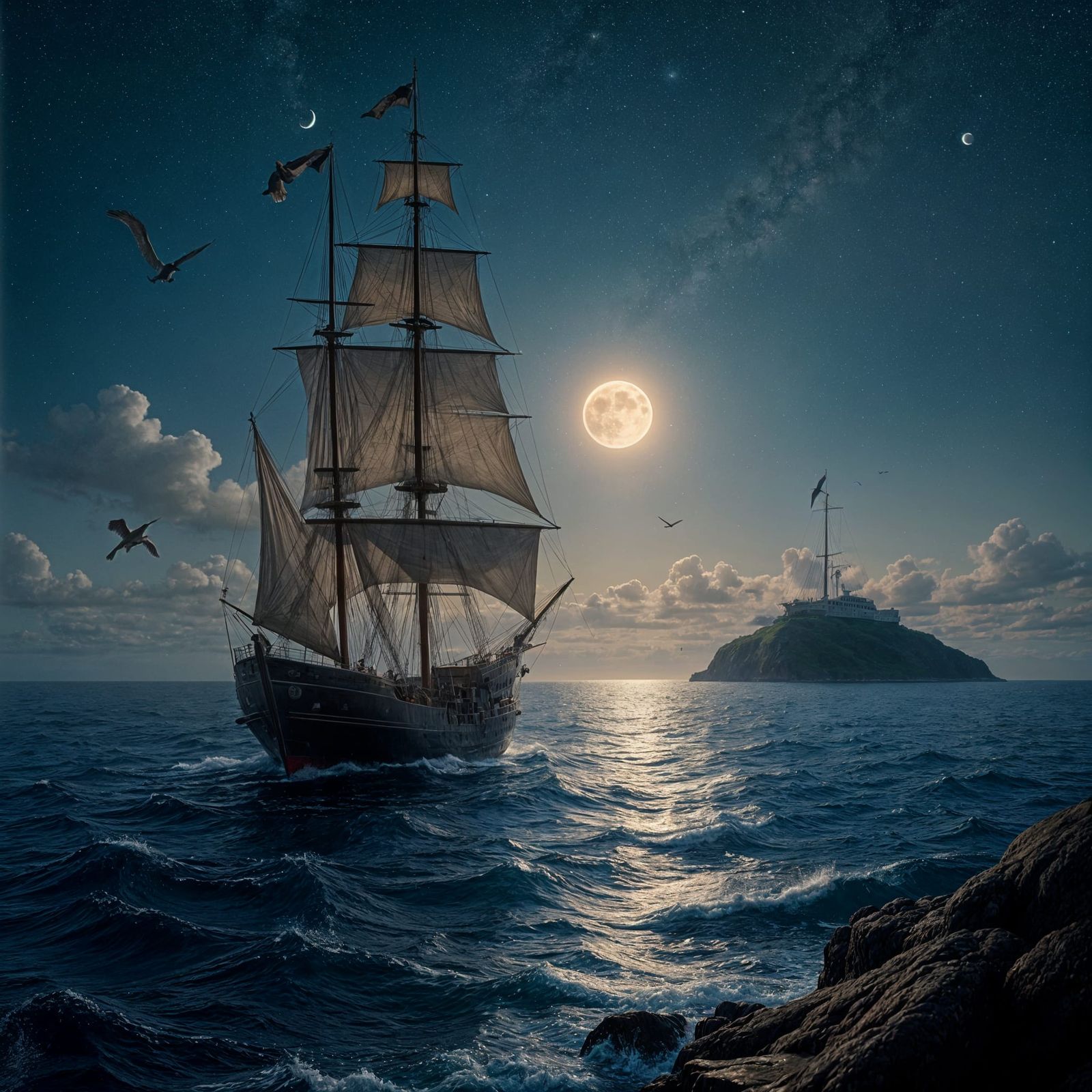 Epic Seascape with Waning Moon and Seabirds