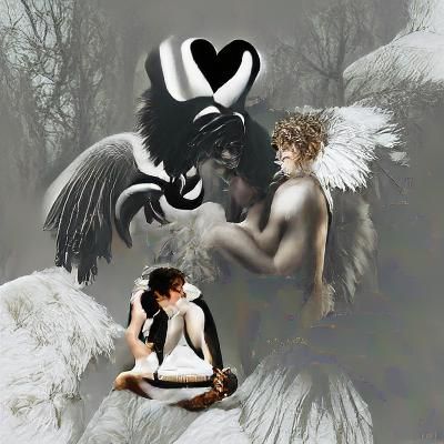 Monochrome Angel and Satyr in Love