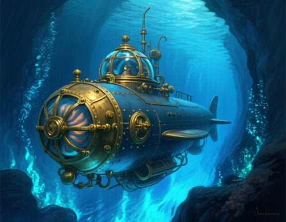 Jules Verne's Nautilus Submarine in Bioluminescent Trench
