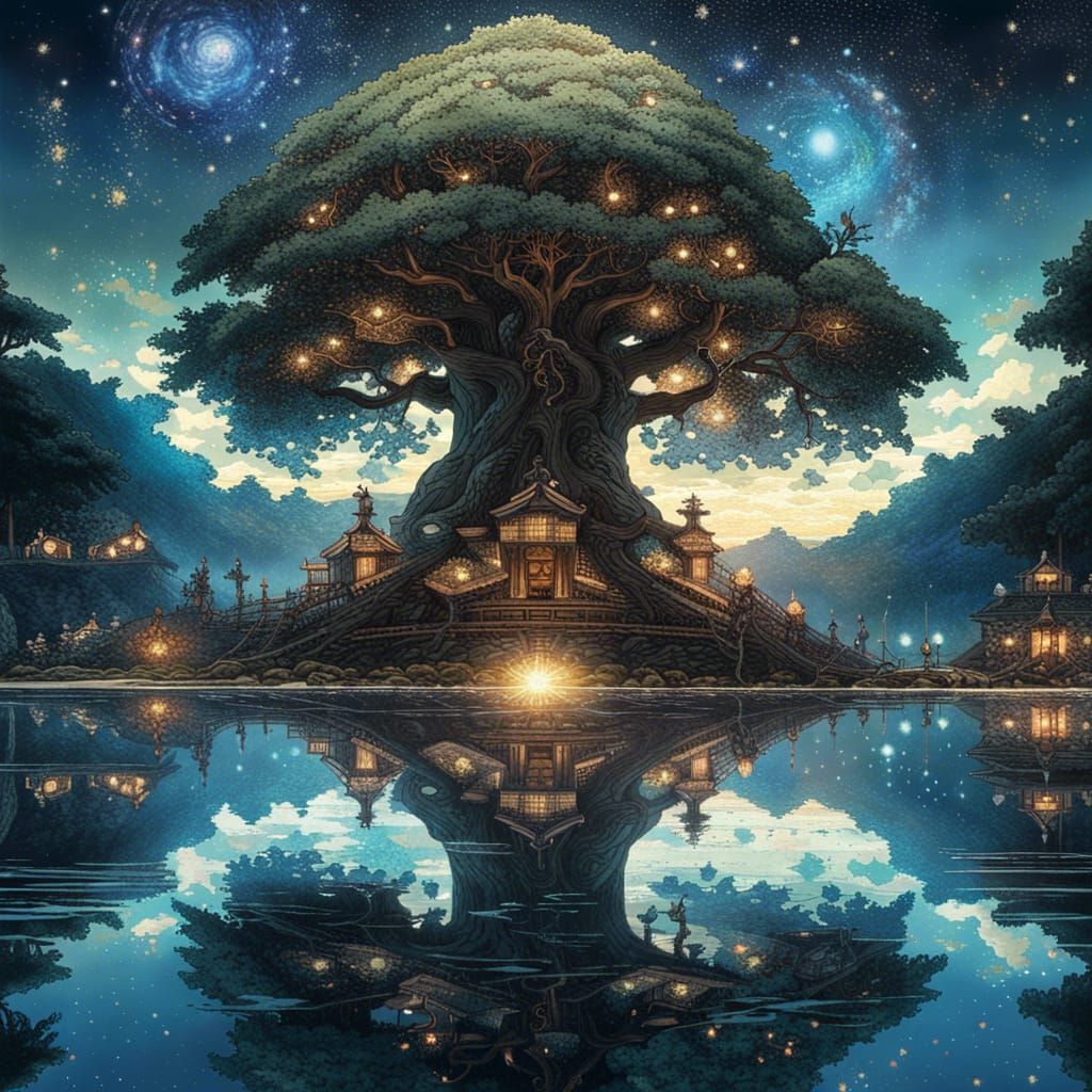 Magic Tree of Life at Night: Fantasy Landscape