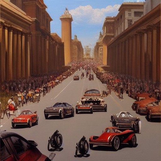 Modern Car Race in Ancient Rome: Oil Painting