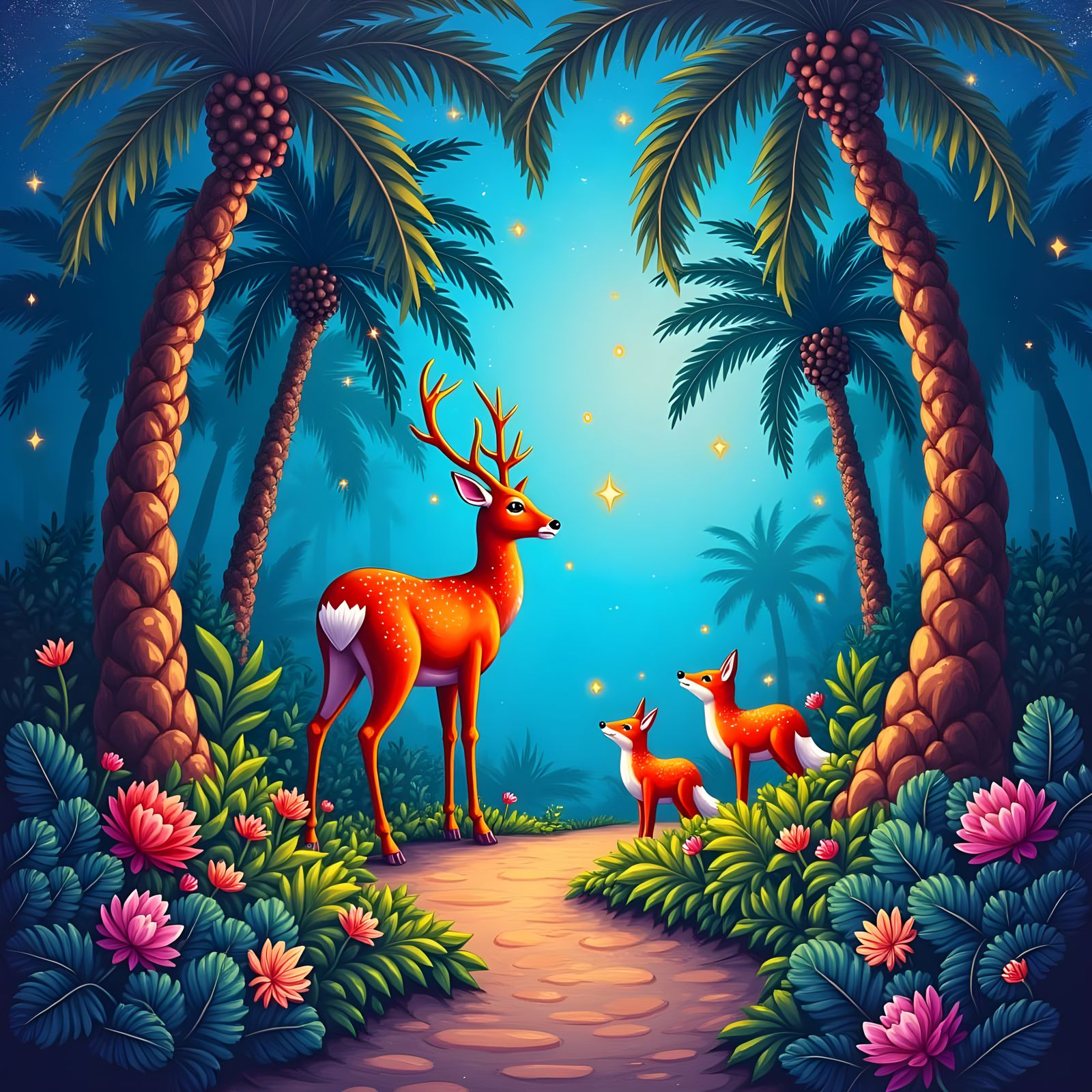 Lush Forest Path with Deer in Candy Art Style