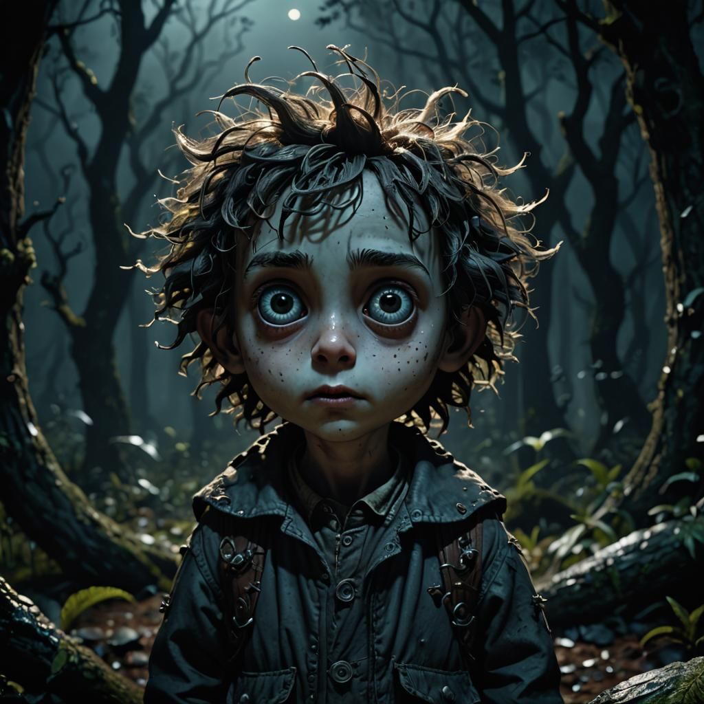 Scared Child in Dark Forest, Tim Burton Style