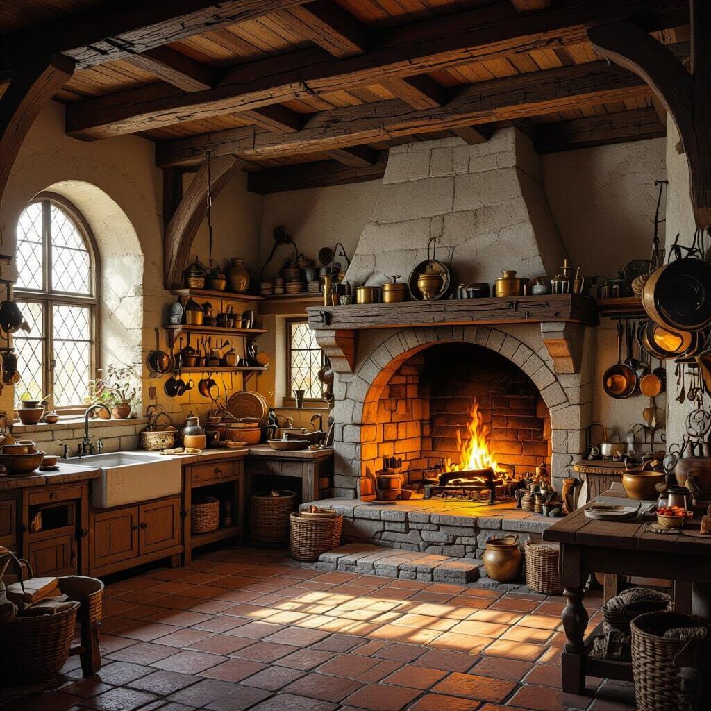 Bustling Medieval Kitchen in the Style of Old Masters