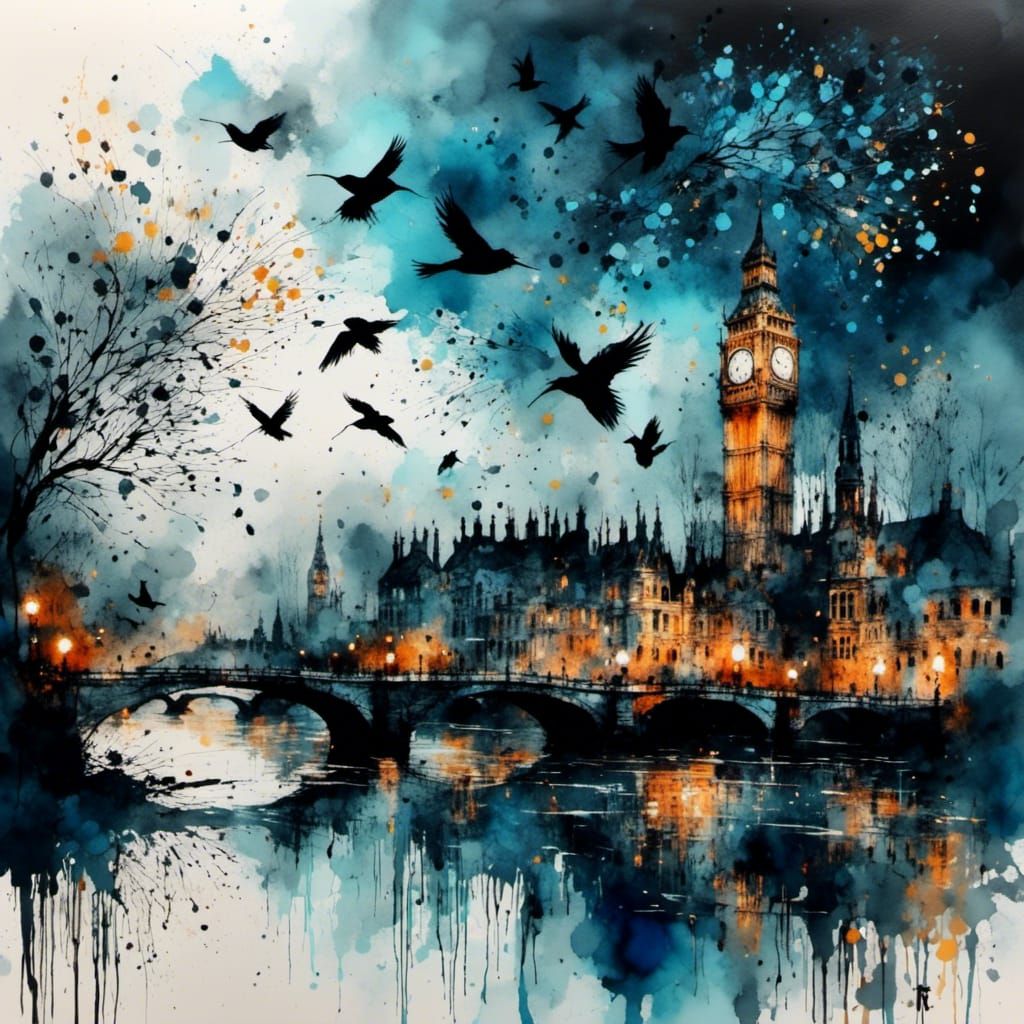 London at Blue Night: Colorful Ink Sketch