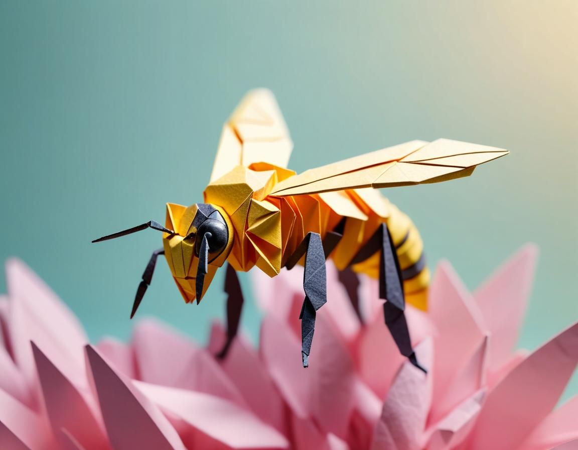 Intricately Crafted Origami Bee in Vibrant Floral Scene