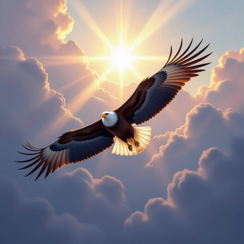 Majestic Eagle Soars Through Ethereal Clouds in Dreamlike Fa...