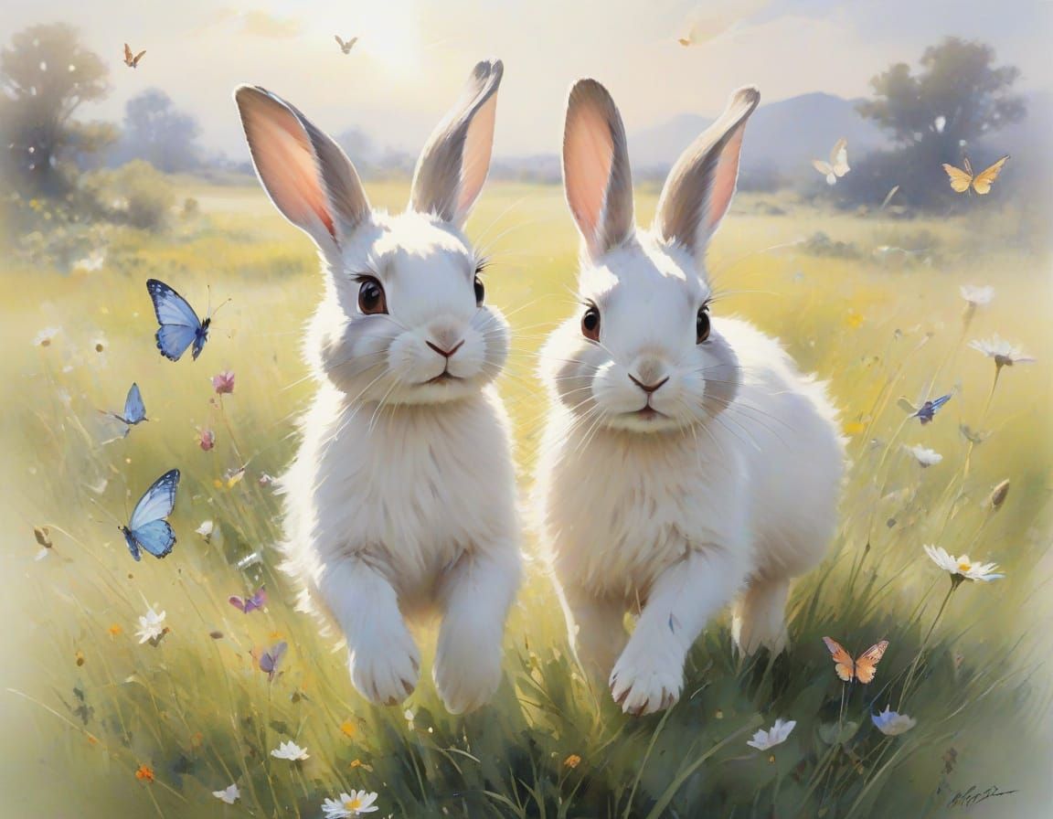 Rabbit Chasing Butterflies in Sunlit Meadow, Watercolour Sty...