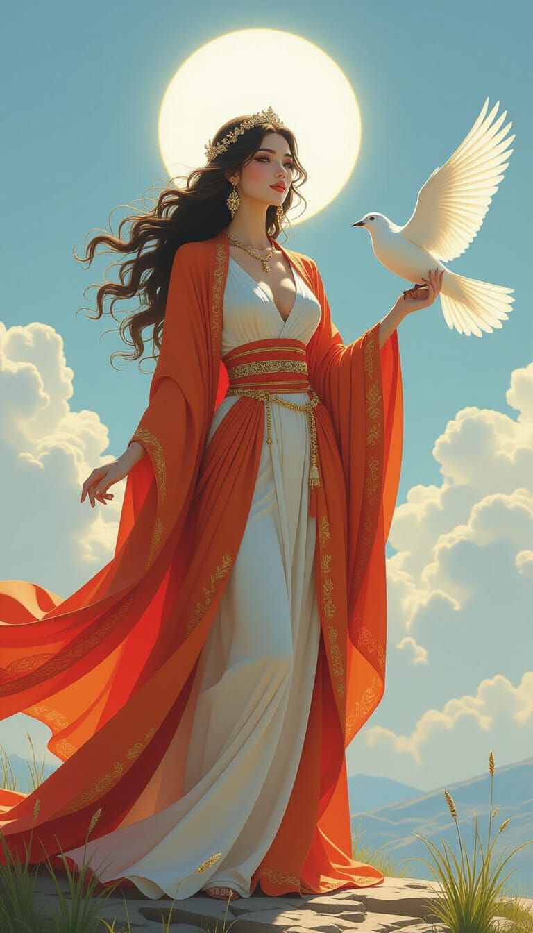 Fantasy Goddess with Bird in Whimsical Landscape