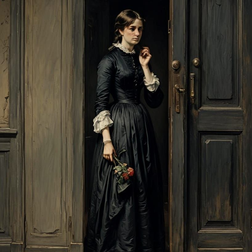 Sad Woman in Doorway: 19th Century Realism Painting