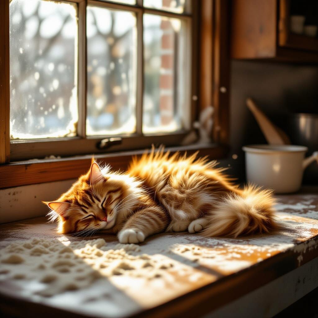 Fluffy Ginger Cat Napping in Warm Sunlight
