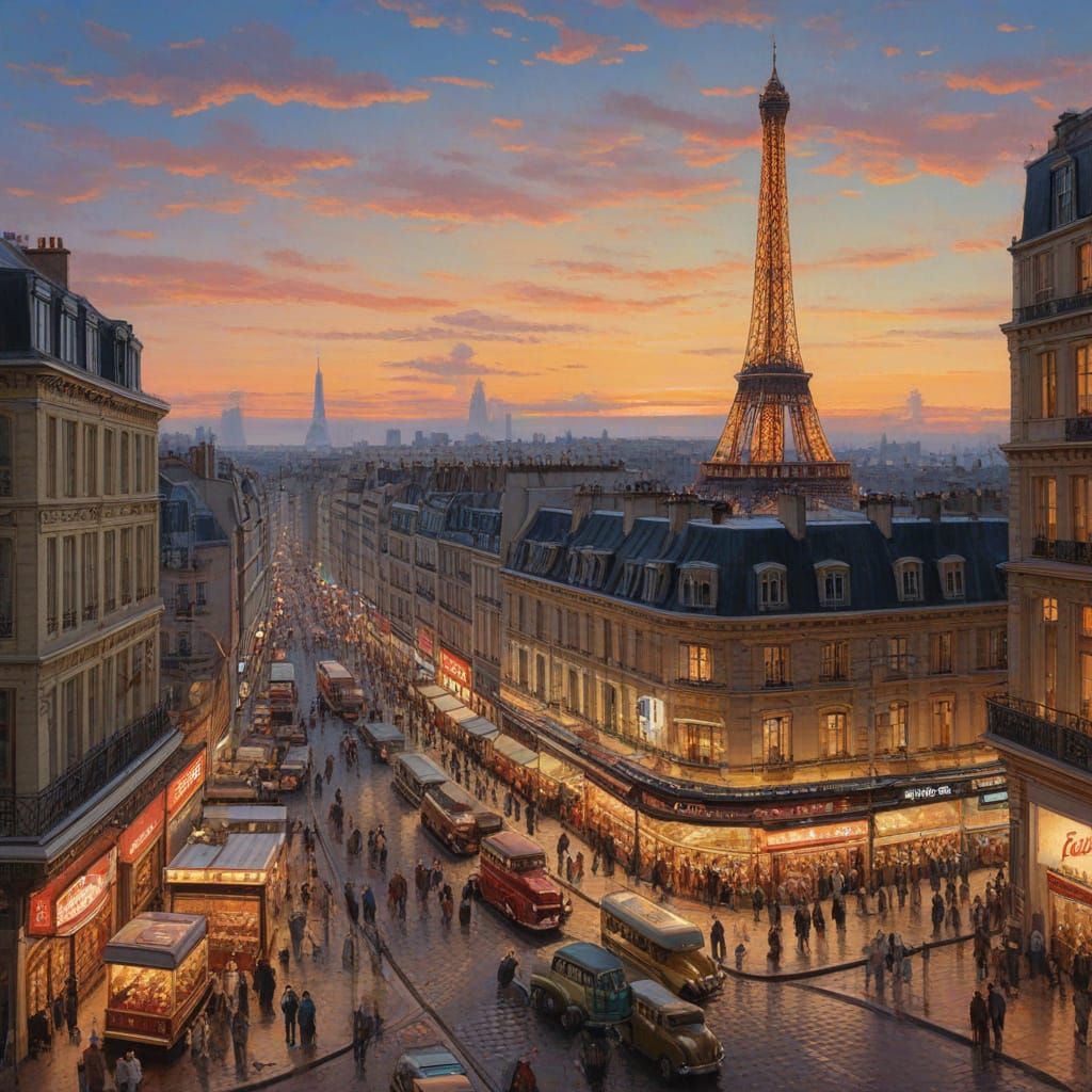 1940s Paris Market Scene at Dusk with Eiffel Tower