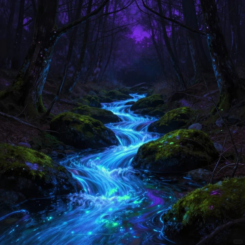 Mystical Bioluminescent Brook in Enchanted Forest