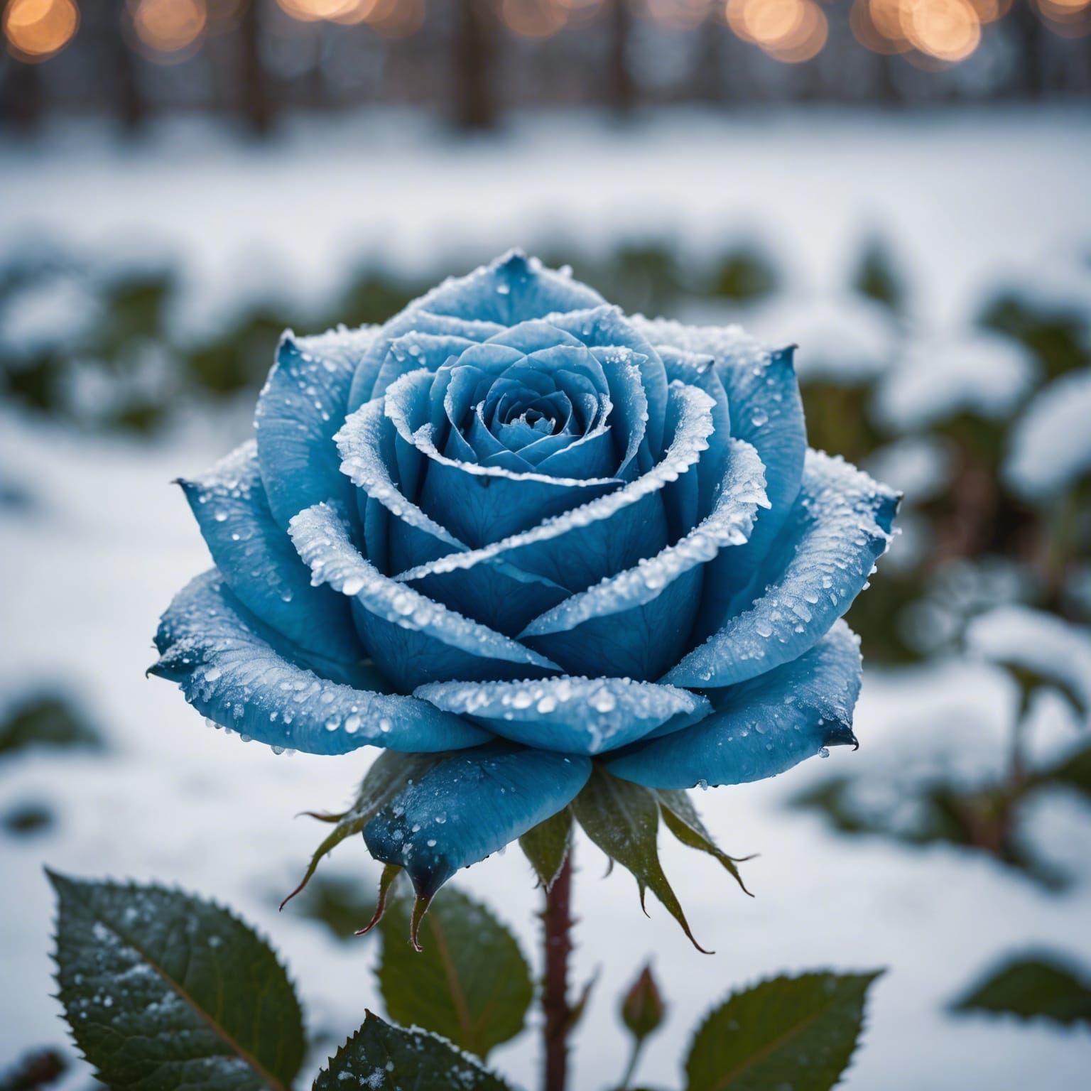 Iced Blue Rose in Snowy Landscape Photography