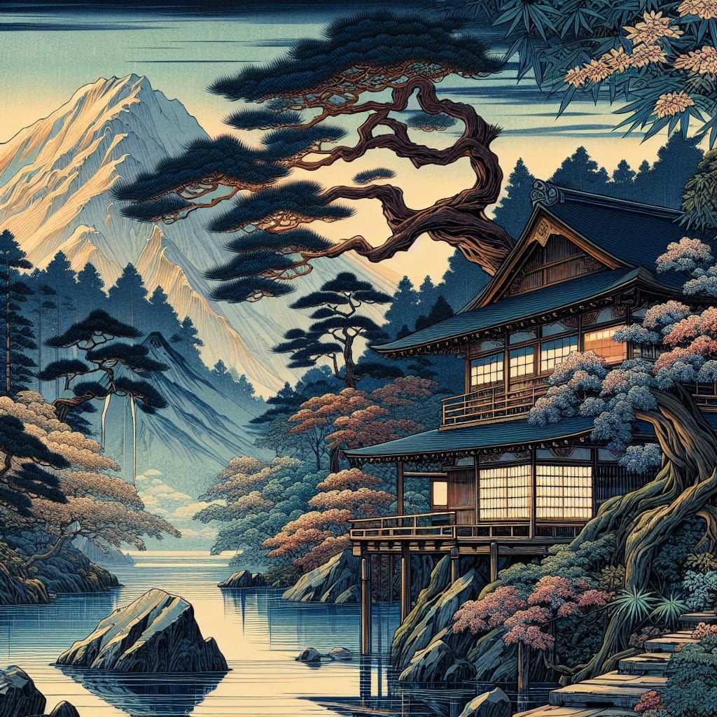 Intensely Hued Nature Wallpaper in Ukiyo-e Style