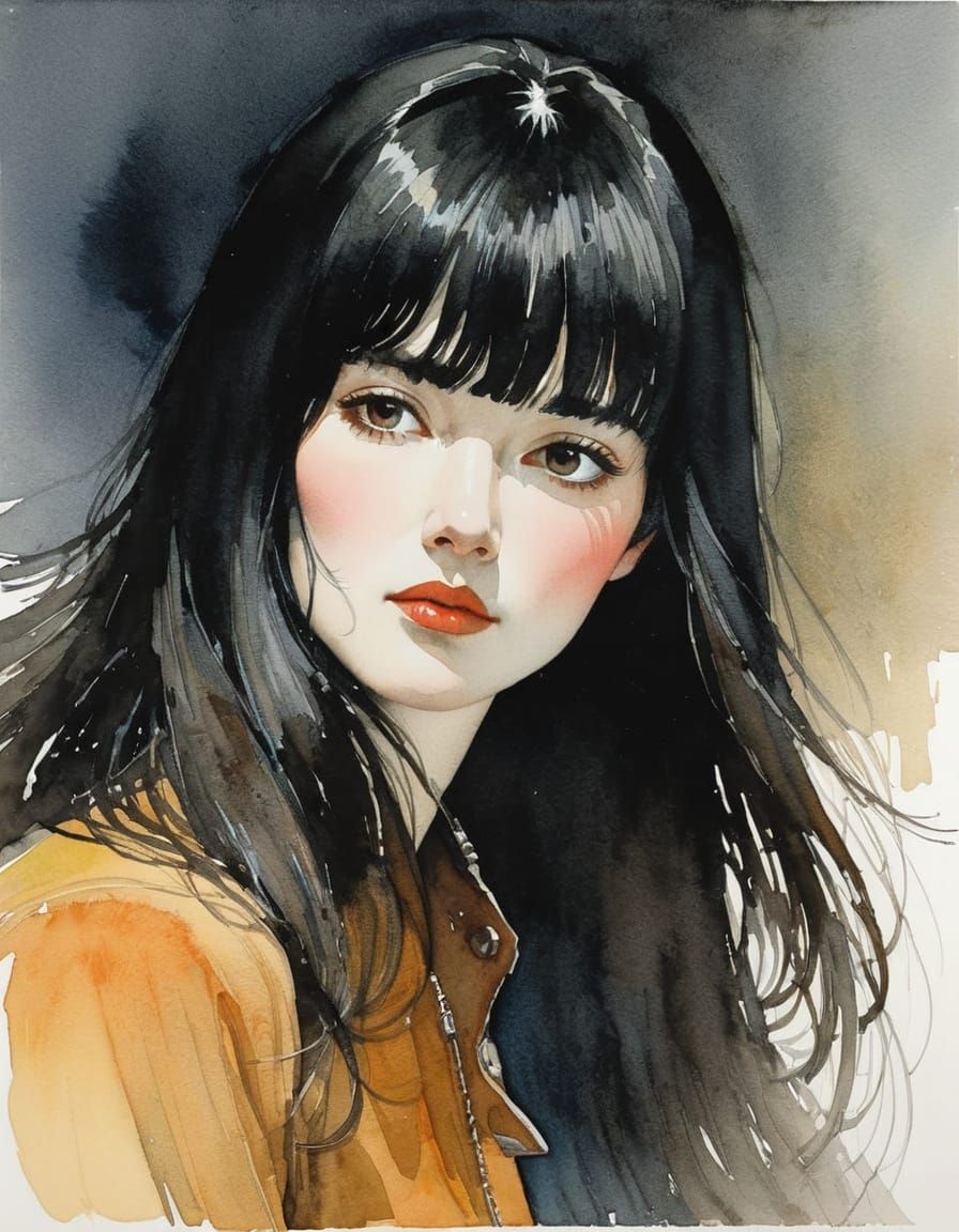 Watercolor Portrait of Dark-Haired Woman with Bangs