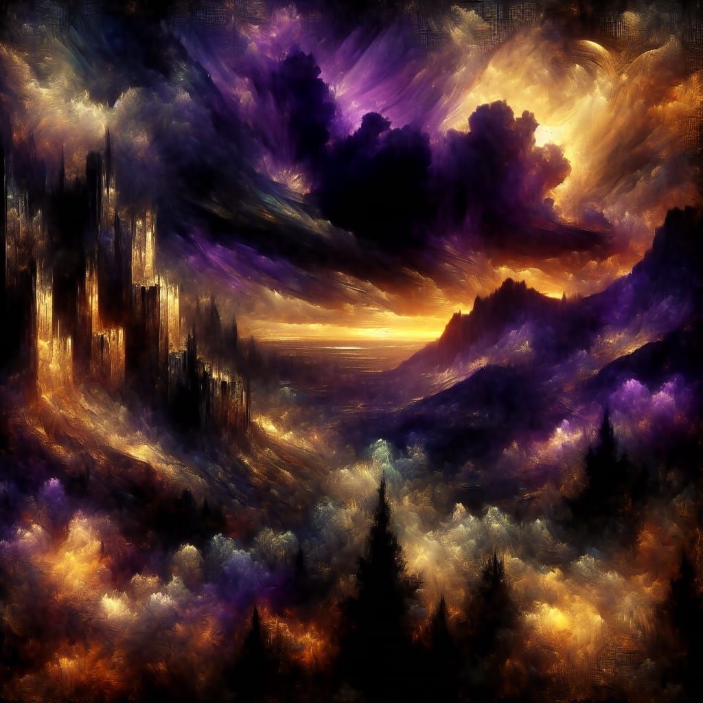 Ominous Fantasy Landscape in Medieval Oil Painting Style