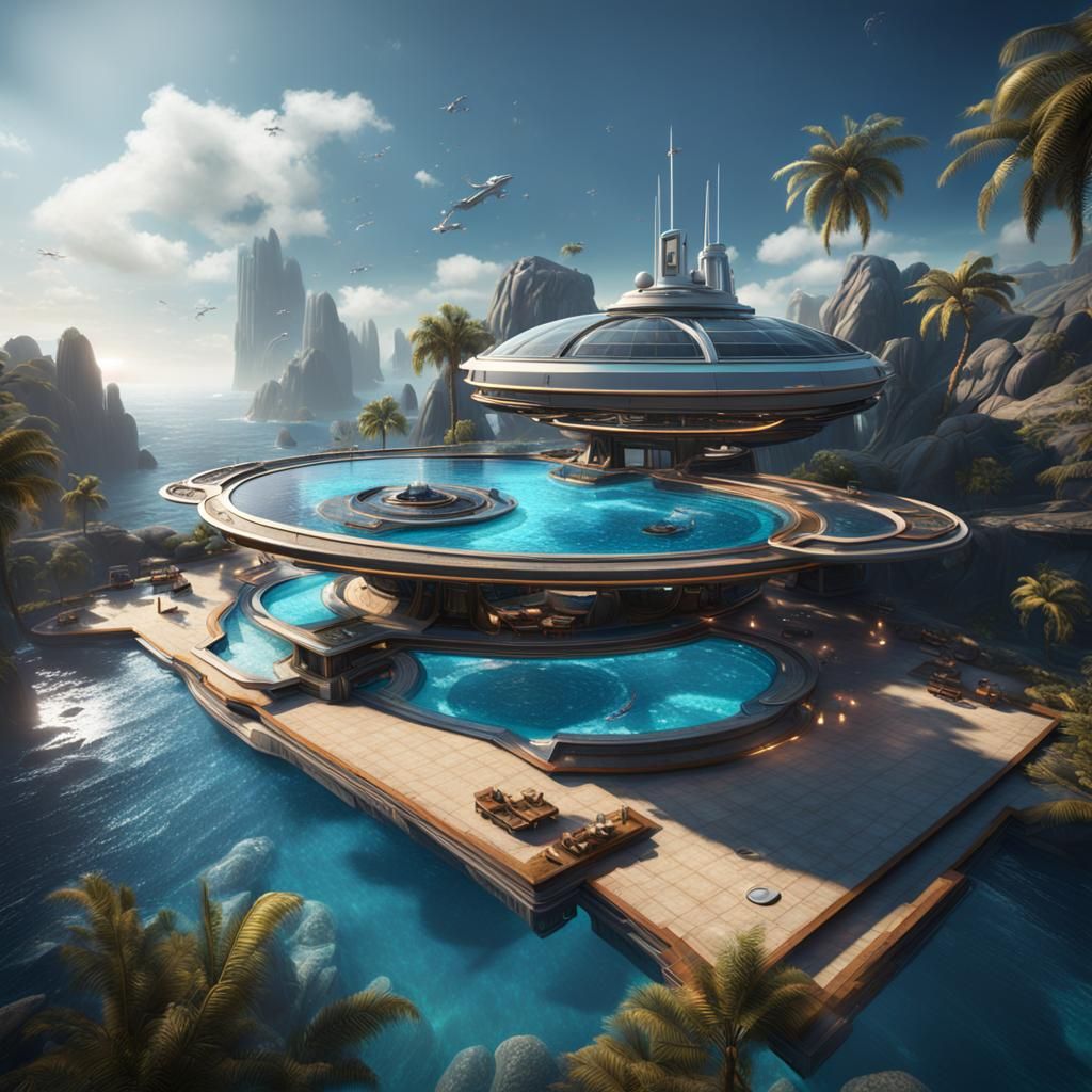 Luxury Spaceship with Ocean View, Detailed Matte Painting