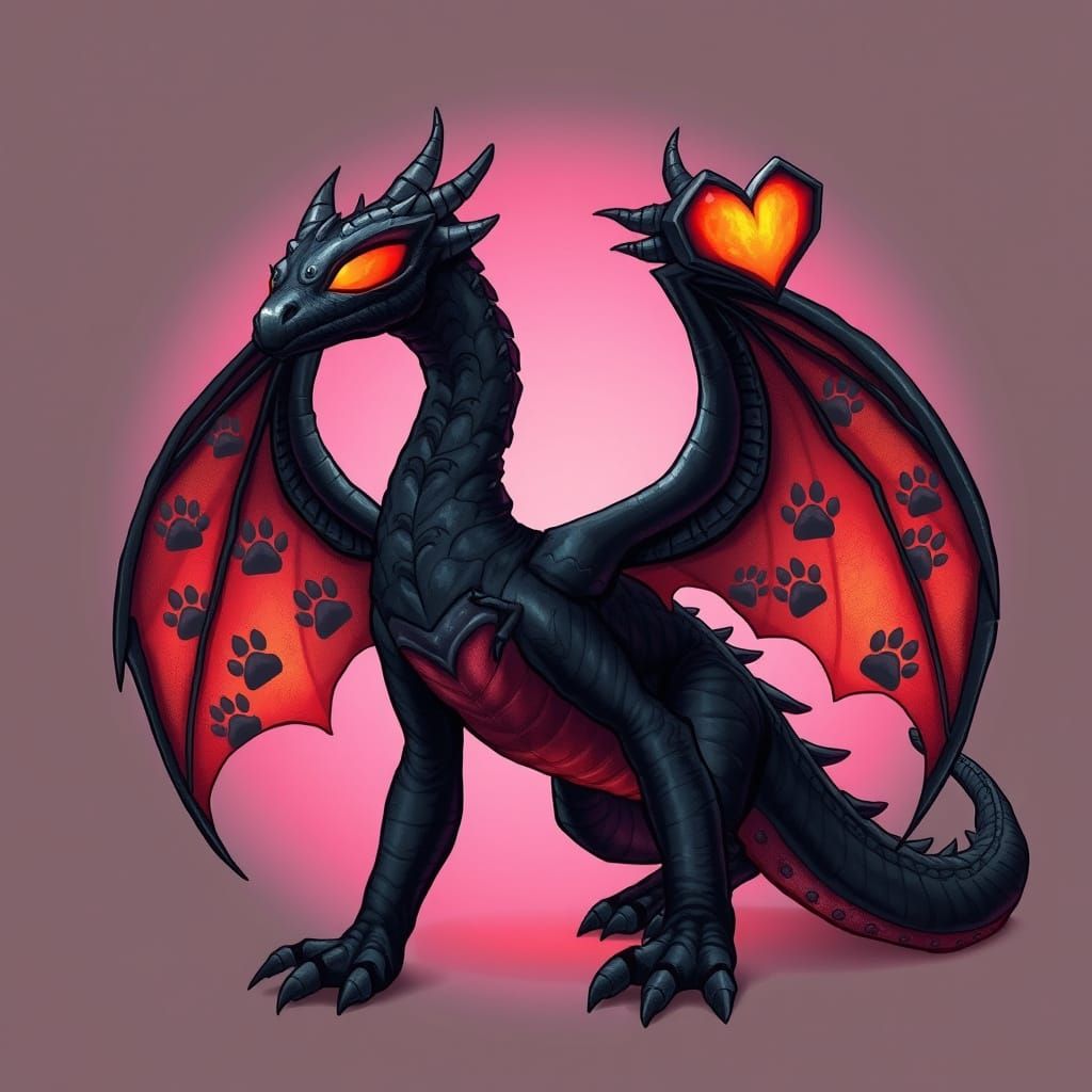 Mystical Black Dragon with Vibrant Orange Wings and Gray Paw...