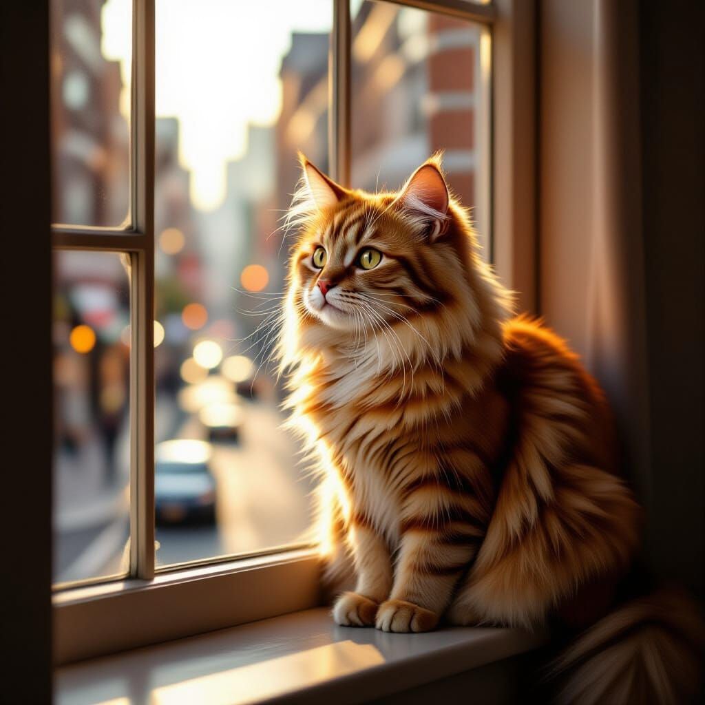 Ginger Cat Gazes Out Window in Warm, Painterly Style