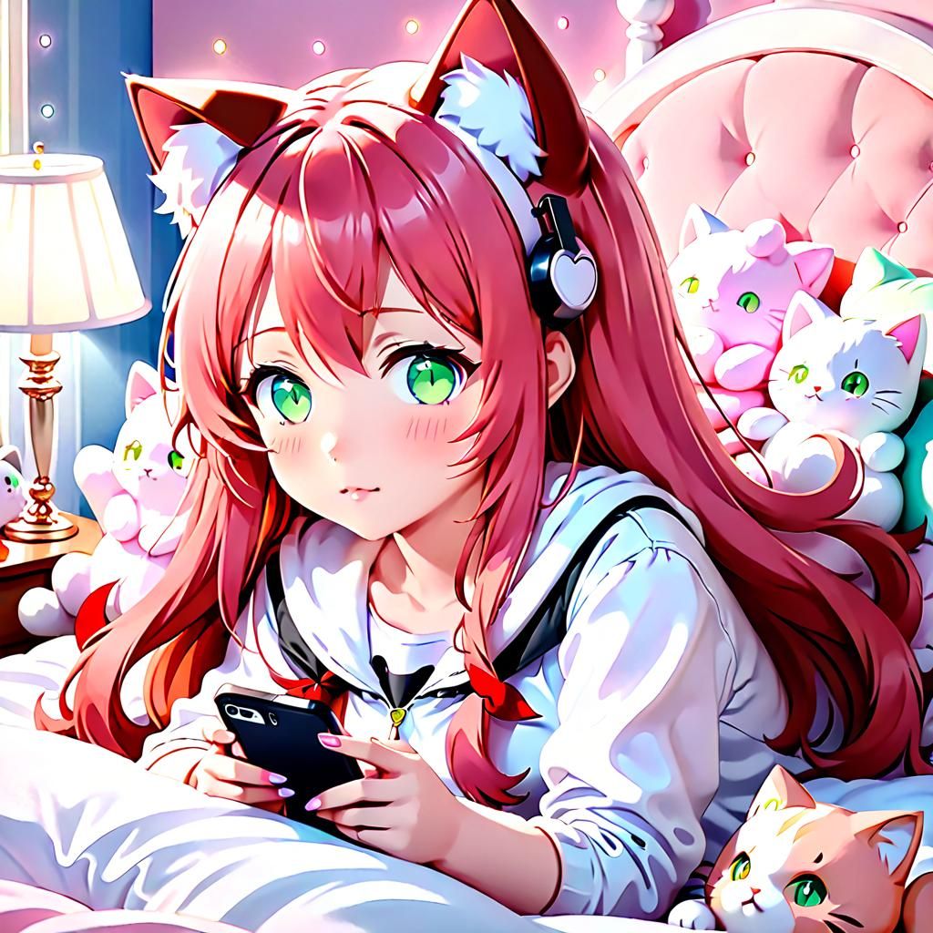 Anime Girl with Cat Ears in Pastel Colors