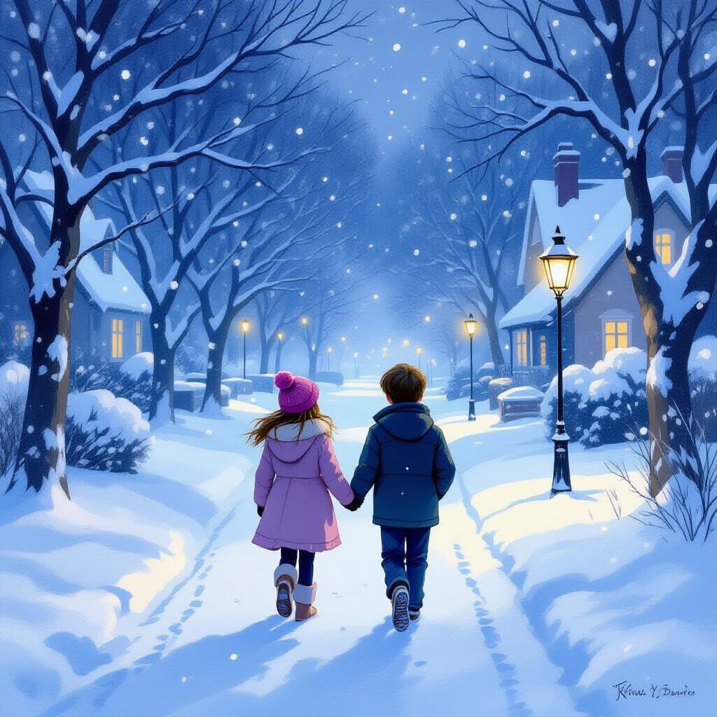 Young Couple Walking in Magical Winter Evening Snowfall