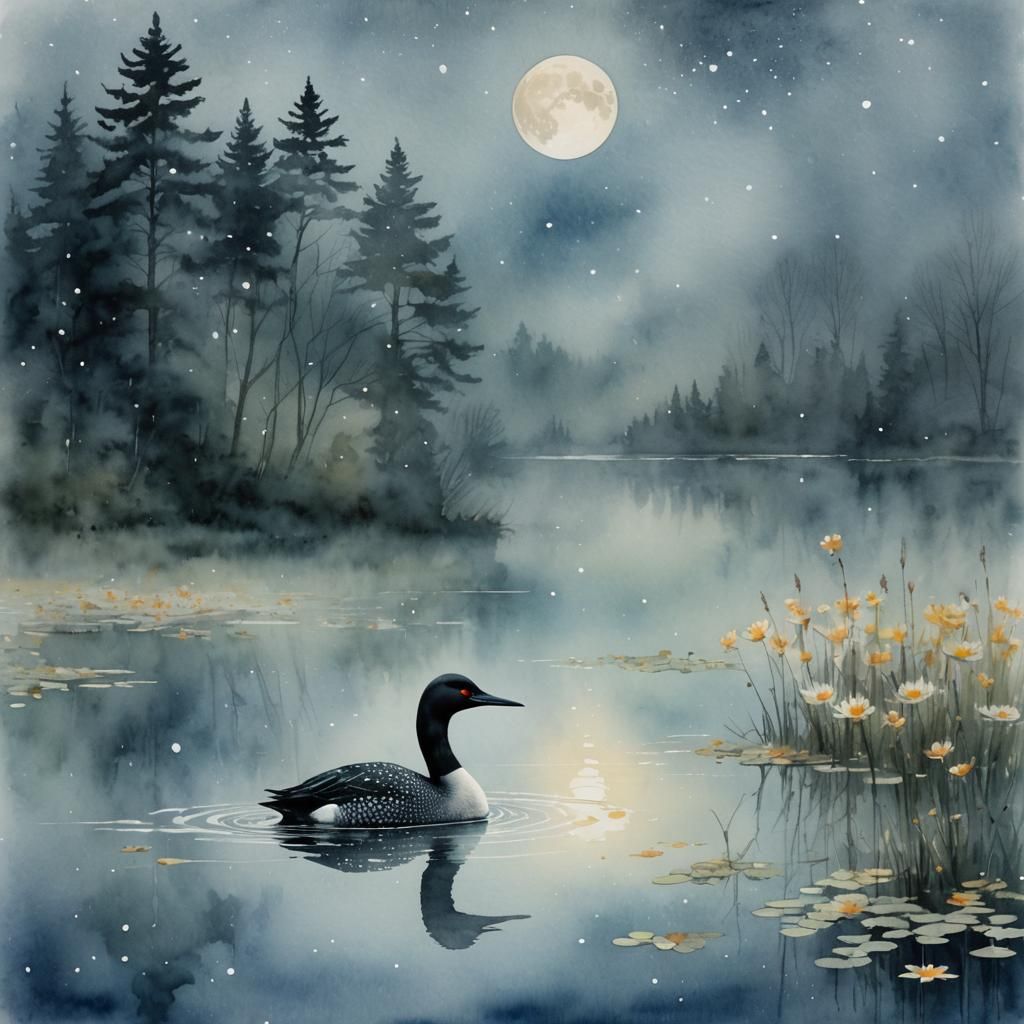 Loon on Misty Pond: Minimalist Watercolor Art