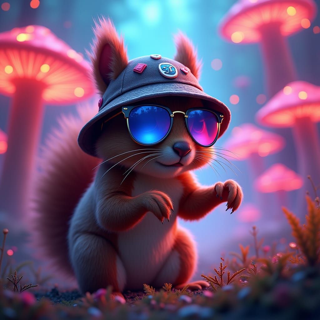 Squirrel Rave: Bucket Hat, Sunglasses, and Neon Lights