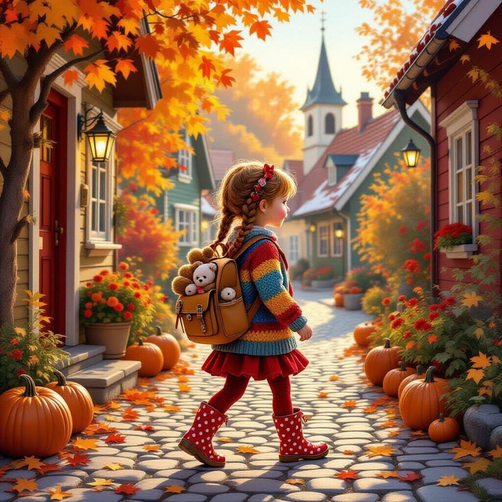Red-Haired Girl in Autumn Nordic Village