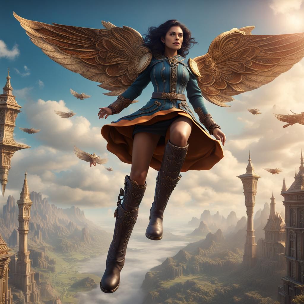Woman Flies in Fantasy Art Style