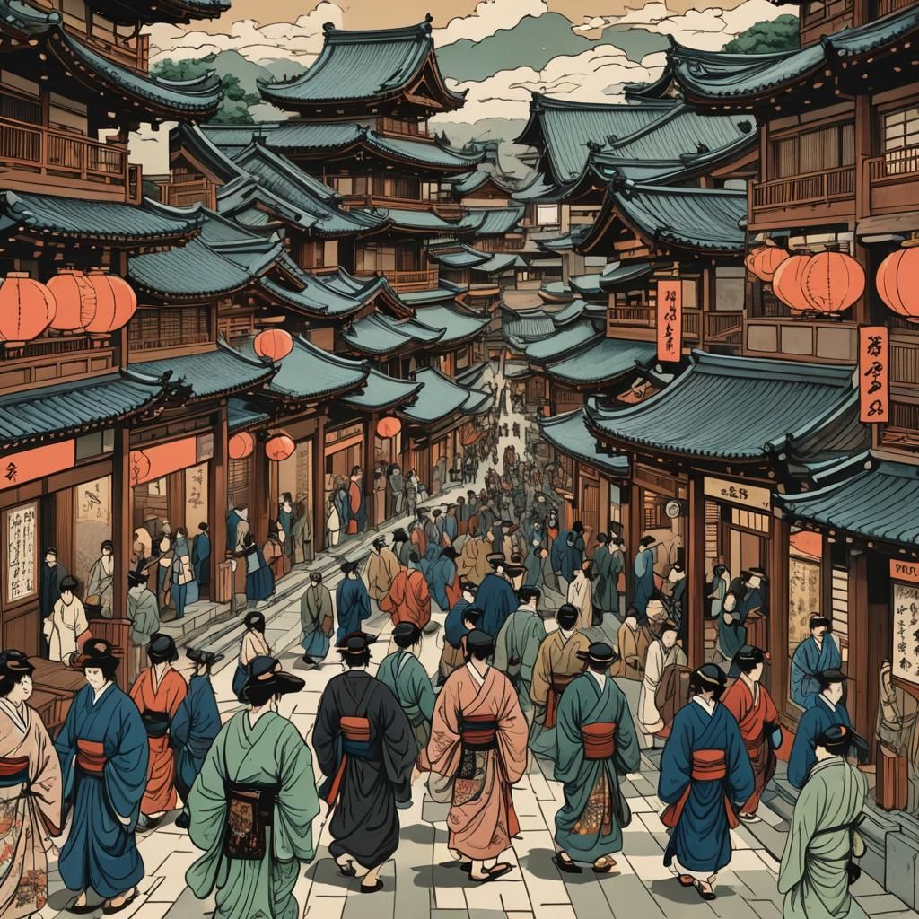 Edo Japan Street Scene in Ukiyo-e Style