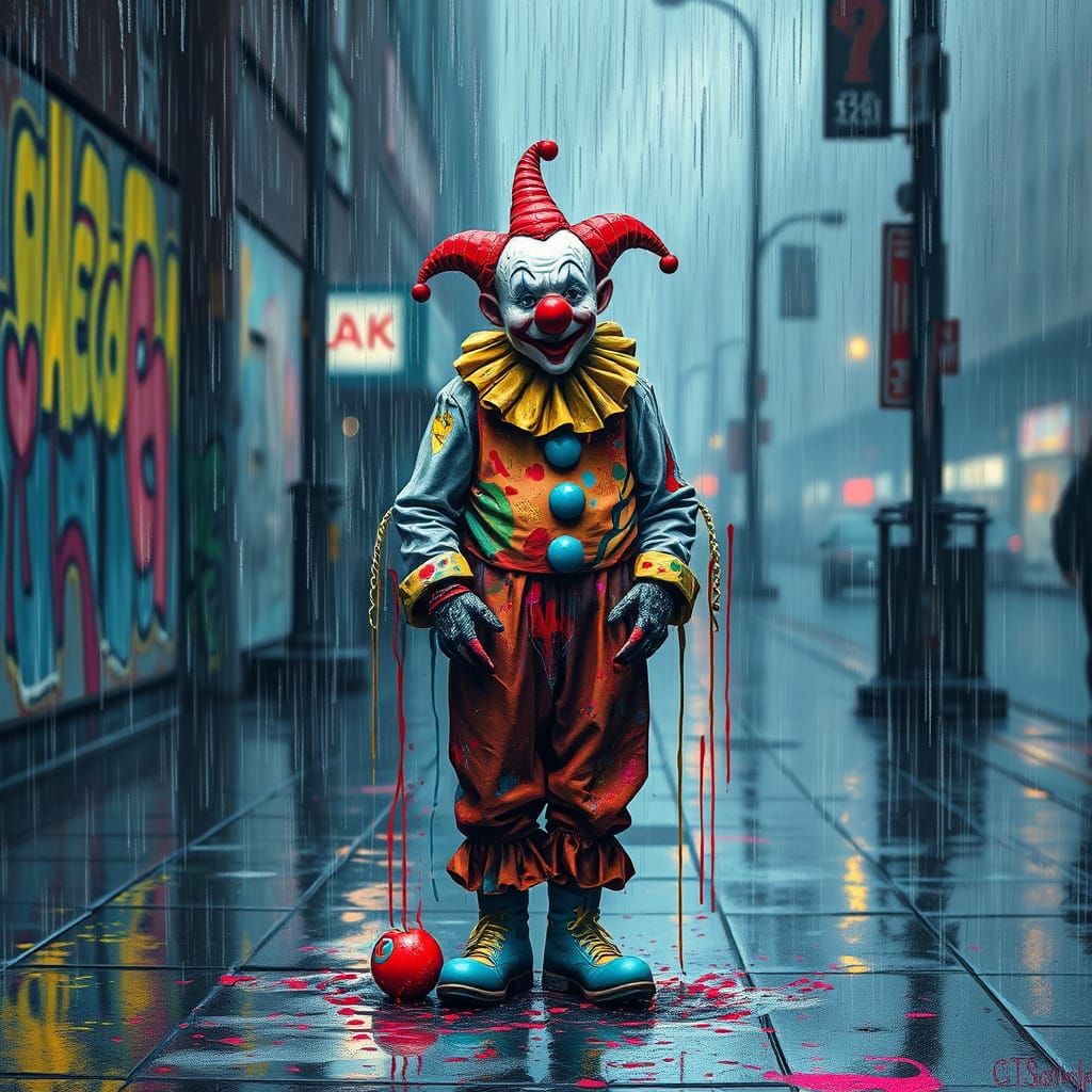 Heartbroken Clown in Graffiti Rain