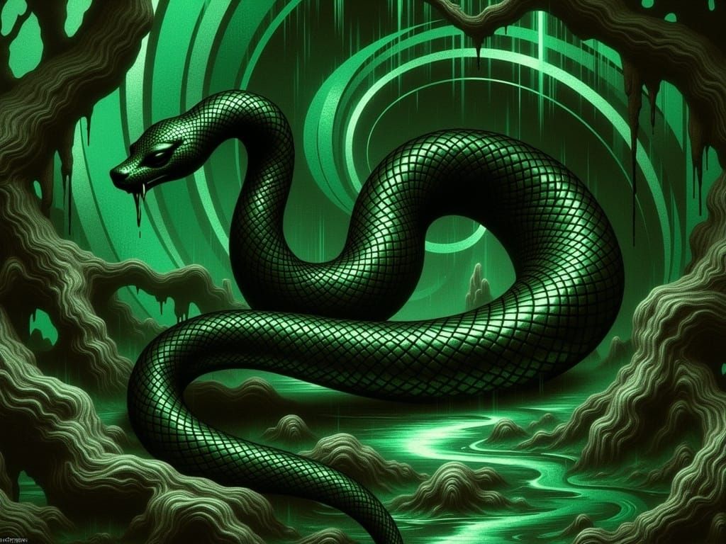 Mysterious Viper in Biomechanical Art Style with Twisted Tre...
