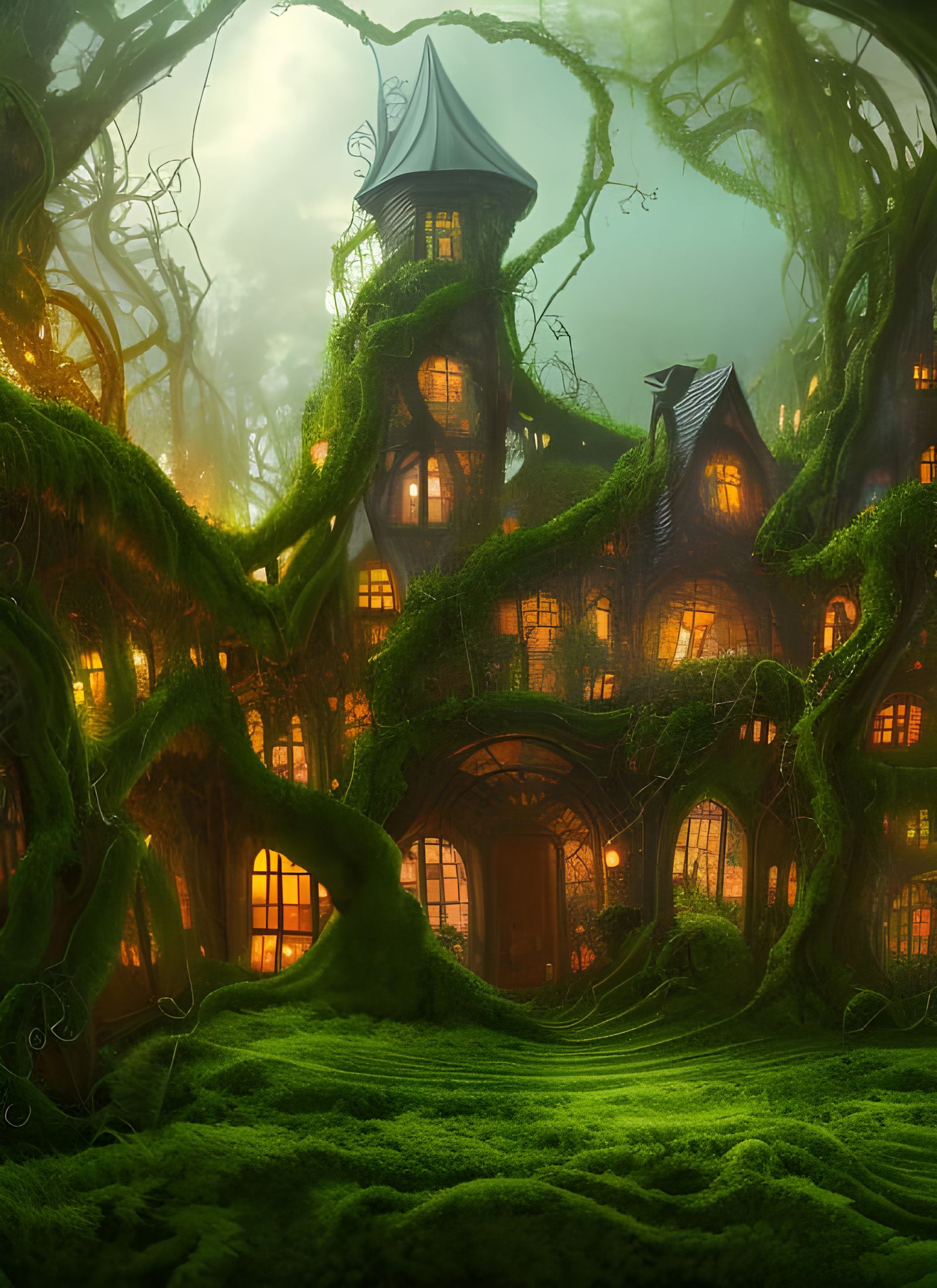 Fantasy Witch House with Overgrown Vines, Art Nouveau