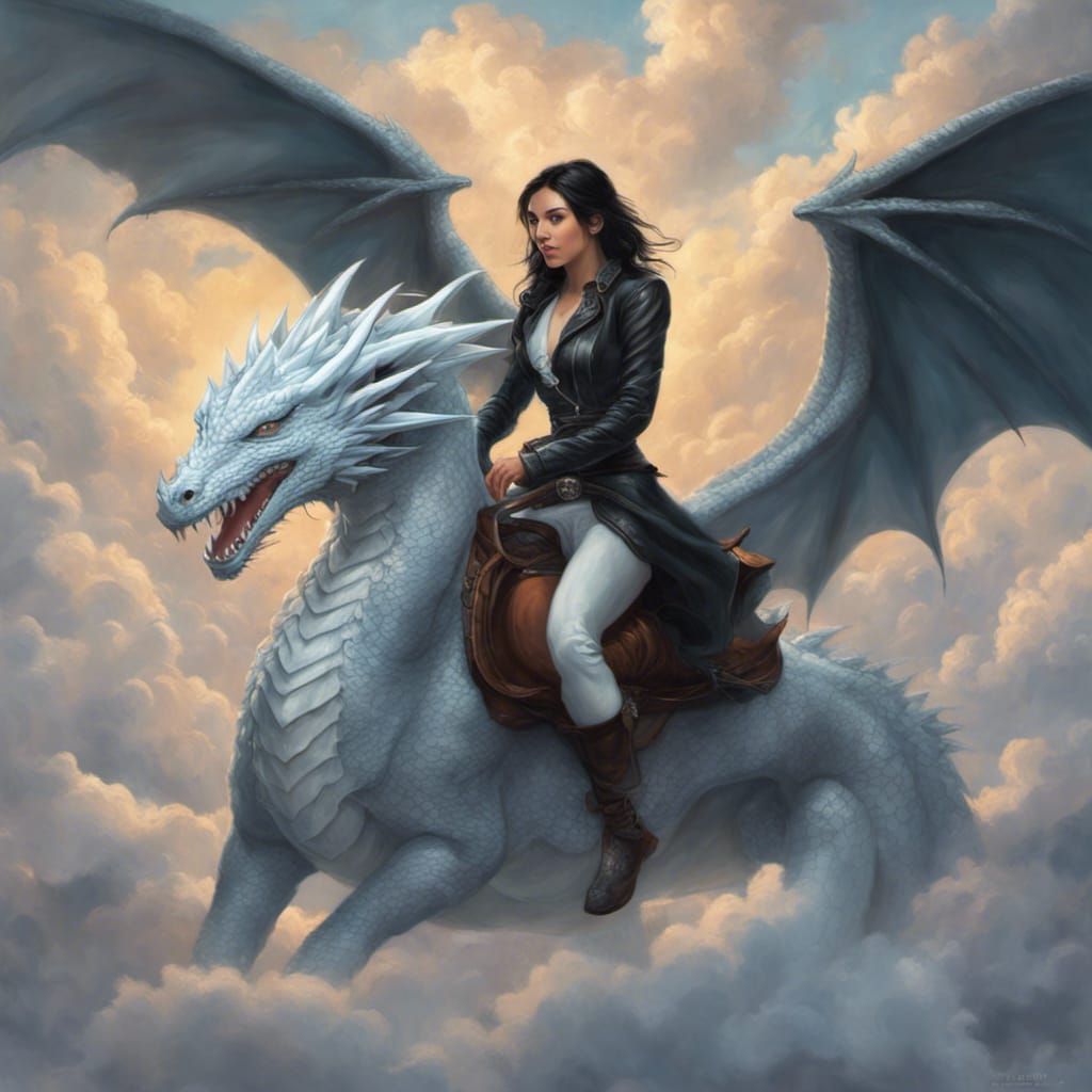 Woman on White Dragon in Ethereal Fantasy Style