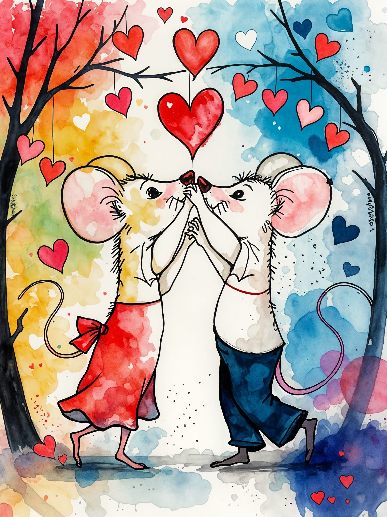 Whimsical Valentine Tango in Cartoon Watercolour