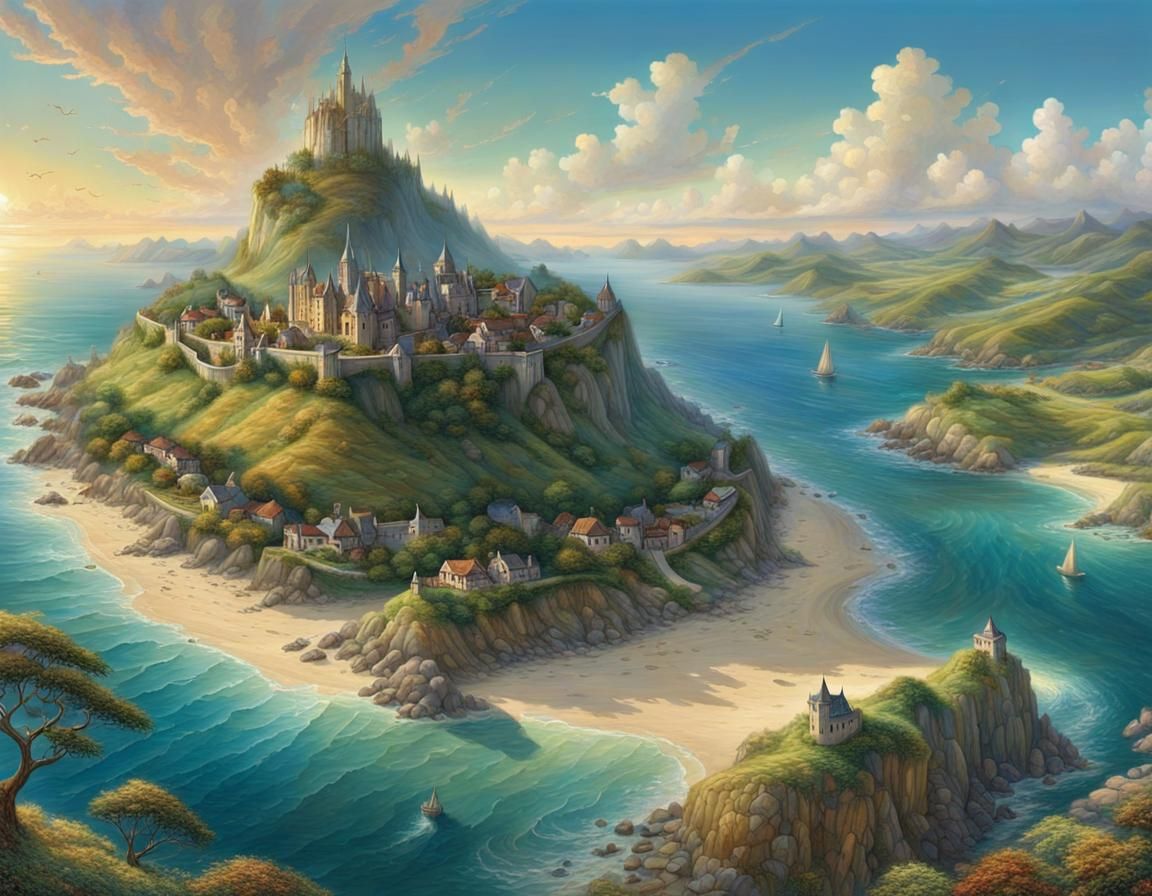 Panoramic View of Avalon in Fantasy Art Style