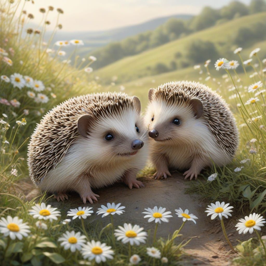 Delightful Duo of Baby Hedgehogs Rolling in Sunlit Daisies