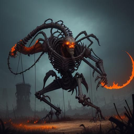 Skeletal Metal Creature in Gothic Oil Painting