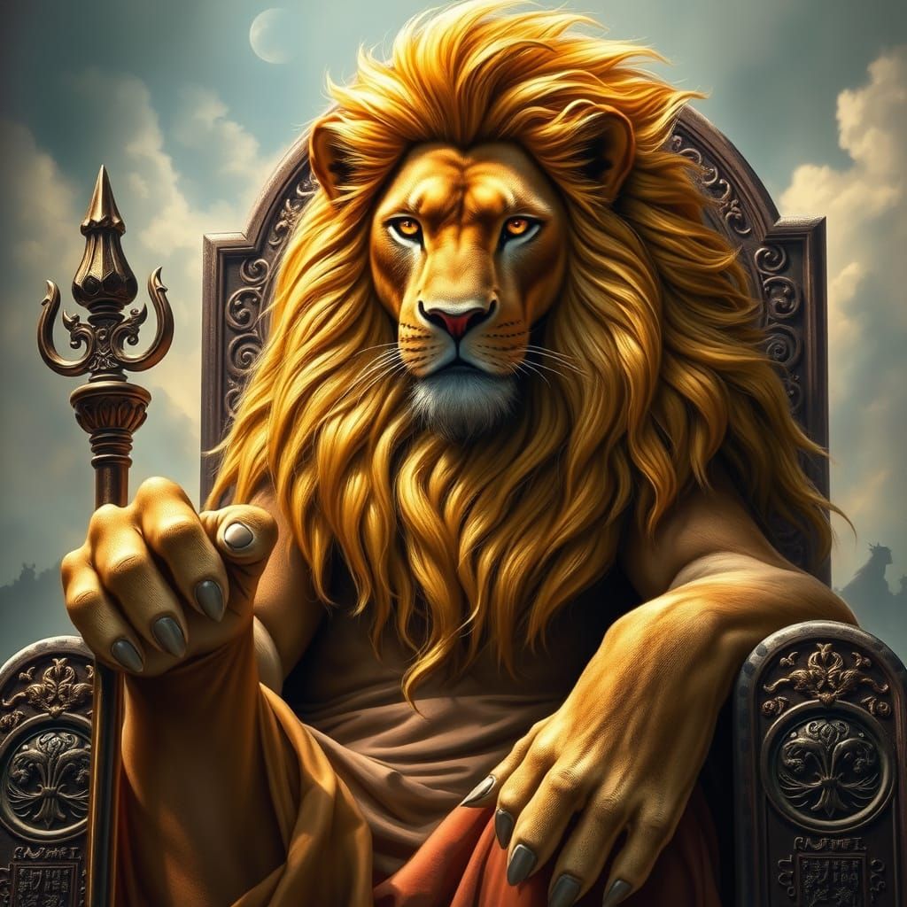 Majestic Lion King in Golden Mane, Wisdom, and Power