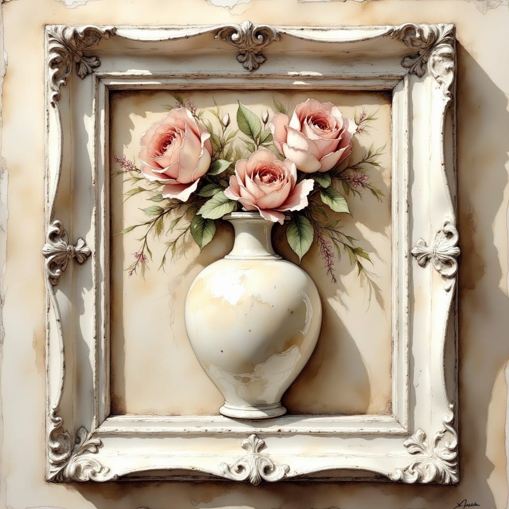 Cream Colored Impasto Ceramic Vase with Carved Roses in Dist...